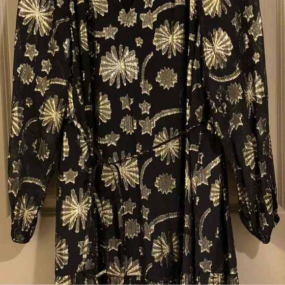 NEW Boden Firework Jacquard Party Black Gold Metallic Sheer Tiered Dress Size 14 - Picture 9 of 13